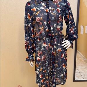 Navy Floral Tie-Waist Sheer Dress